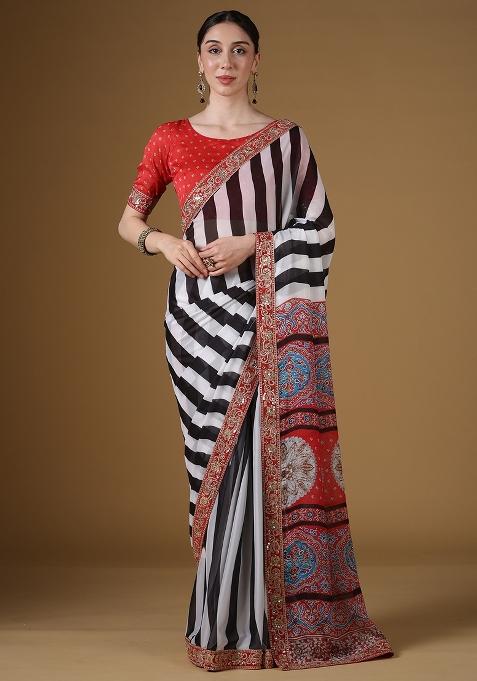 White Embellished Georgette Saree Set — view on Indya