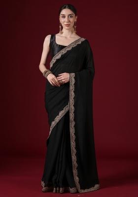 Black Embroidered Silk Blend Saree Set