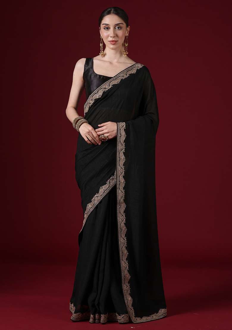Black Embroidered Silk Blend Saree Set for Diwali and Festive Wear - Indya
