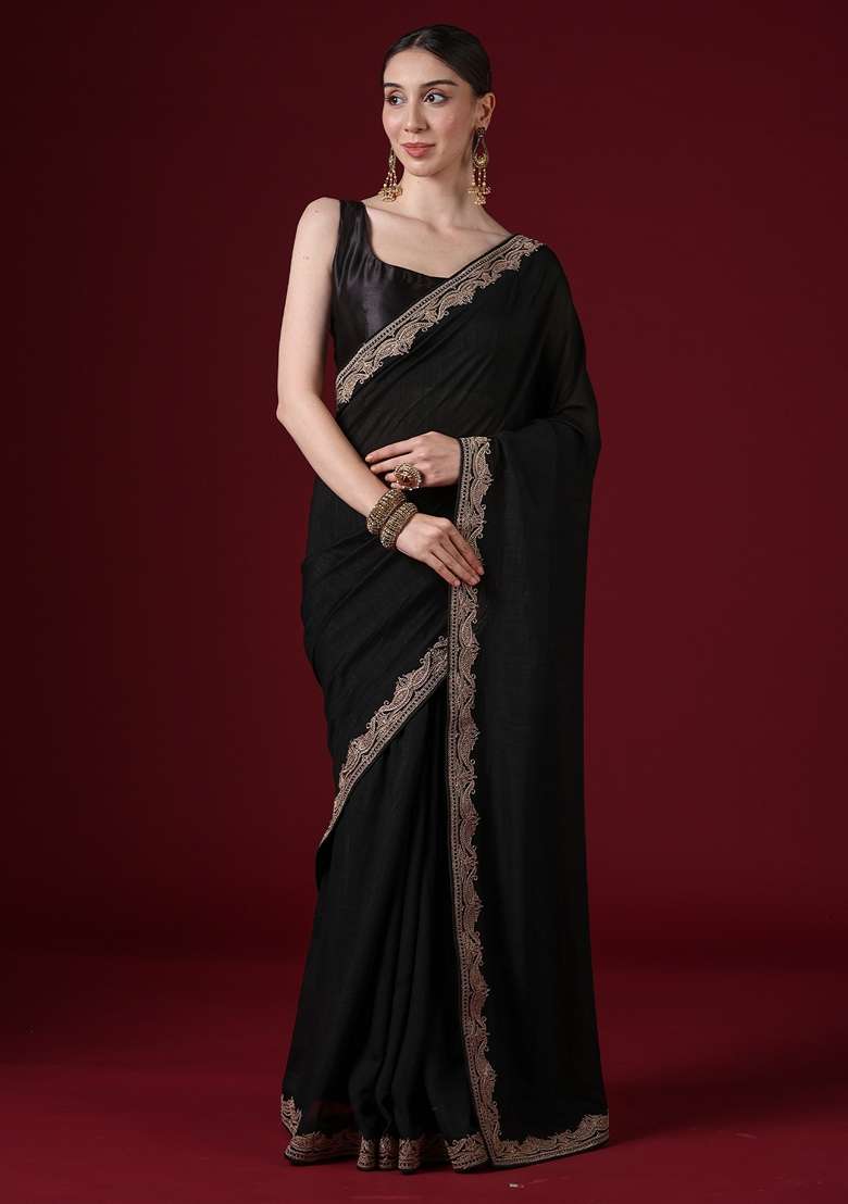 Black Embroidered Silk Blend Saree Set for Diwali and Festive Wear - Indya