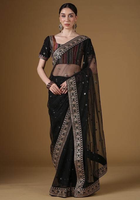 Black Embellished Net Saree Set — view on Indya