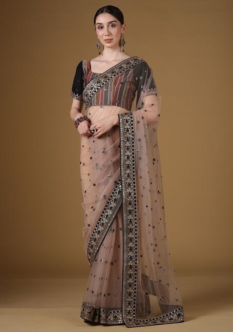 Beige Embellished Net Saree Set