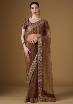 Brown Embellished Net Saree Set