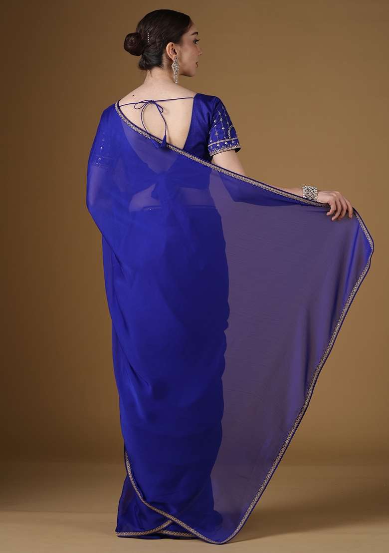 Blue Embroidered Georgette Saree Set for Diwali and Festive Wear - Indya