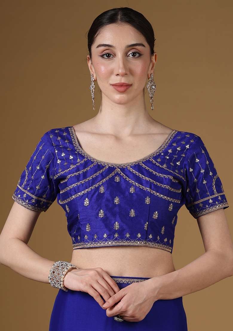 Blue Embroidered Georgette Saree Set for Diwali and Festive Wear - Indya