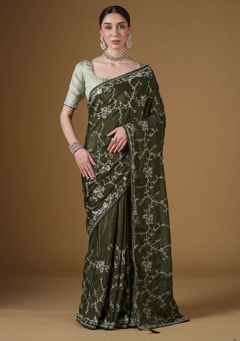 Dark Green Crepe Saree Set with Embroidered for Diwali | Wedding & Festive Wear - Indya
