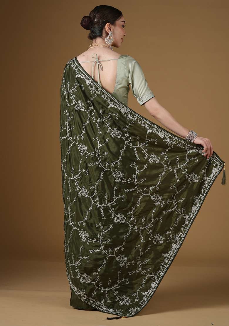 Dark Green Crepe Saree Set with Embroidered for Diwali | Wedding & Festive Wear - Indya