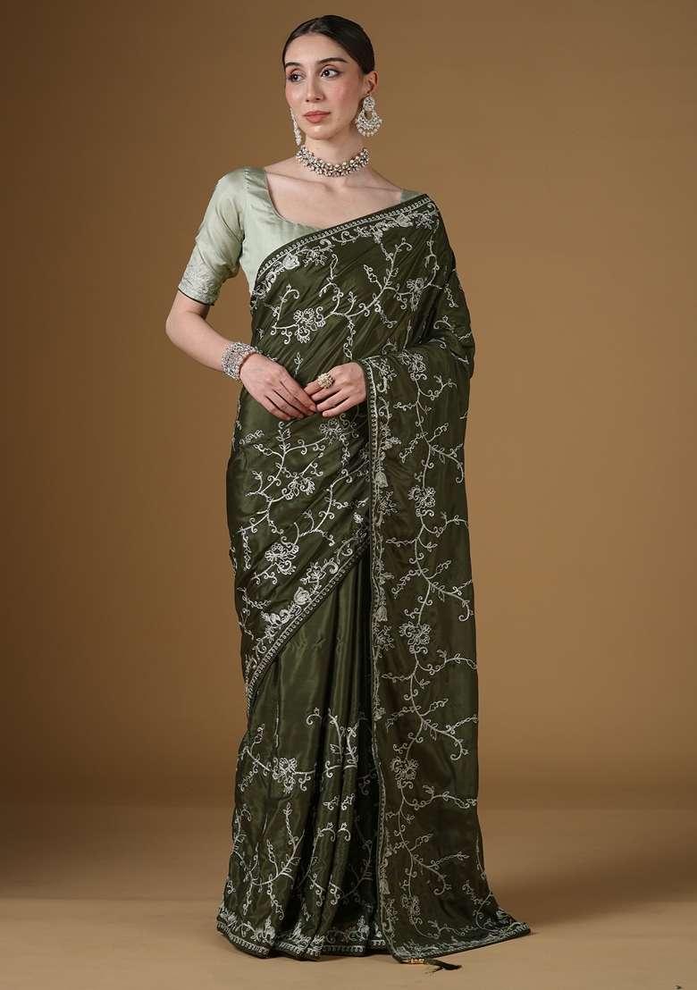 Dark Green Crepe Saree Set with Embroidered for Diwali | Wedding & Festive Wear - Indya