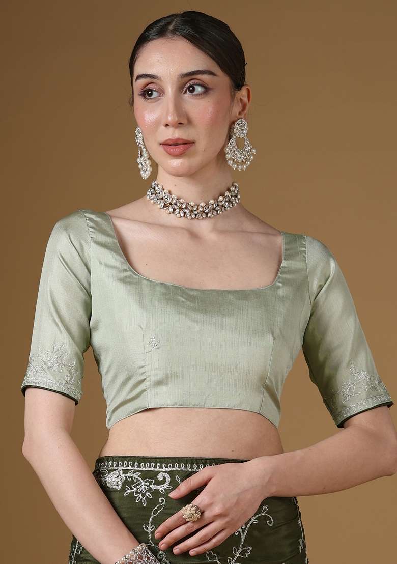Dark Green Crepe Saree Set with Embroidered for Diwali | Wedding & Festive Wear - Indya