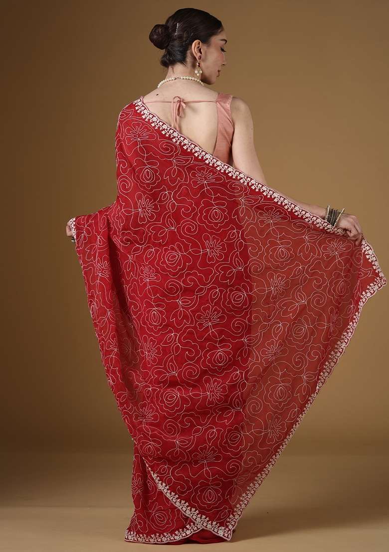 Red Embroidered Georgette Saree Set for Diwali and Festive Wear - Indya