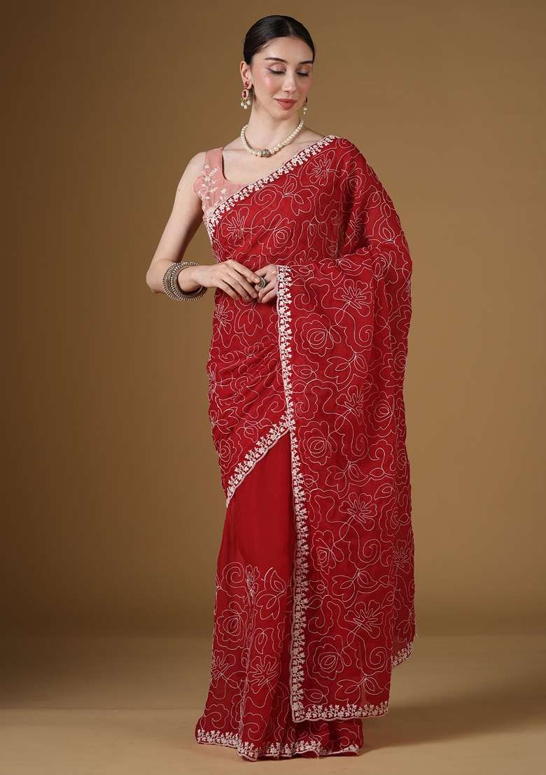Red Embroidered Georgette Saree Set for Diwali and Festive Wear - Indya