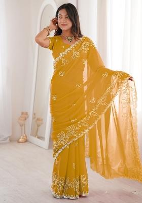 Lemon Yellow Embellished Georgette Saree Set
