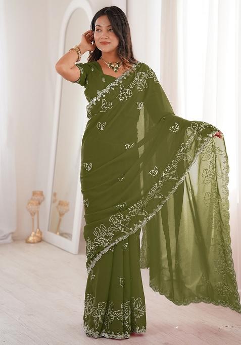 Olive Embellished Georgette Saree Set