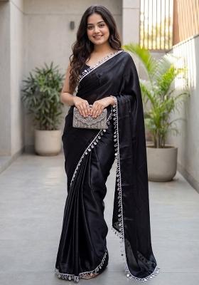 Black Solid Satin Saree Set