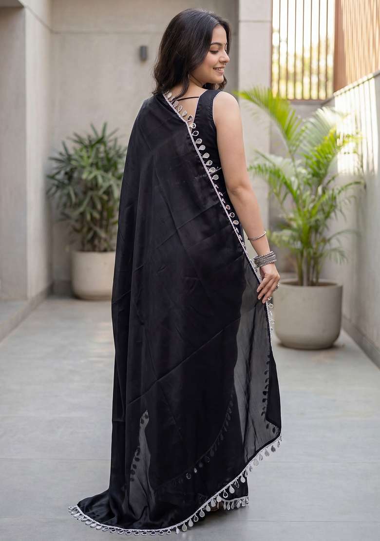 Black Solid Satin Saree Set for Diwali | Wedding & Festive Wear - Indya