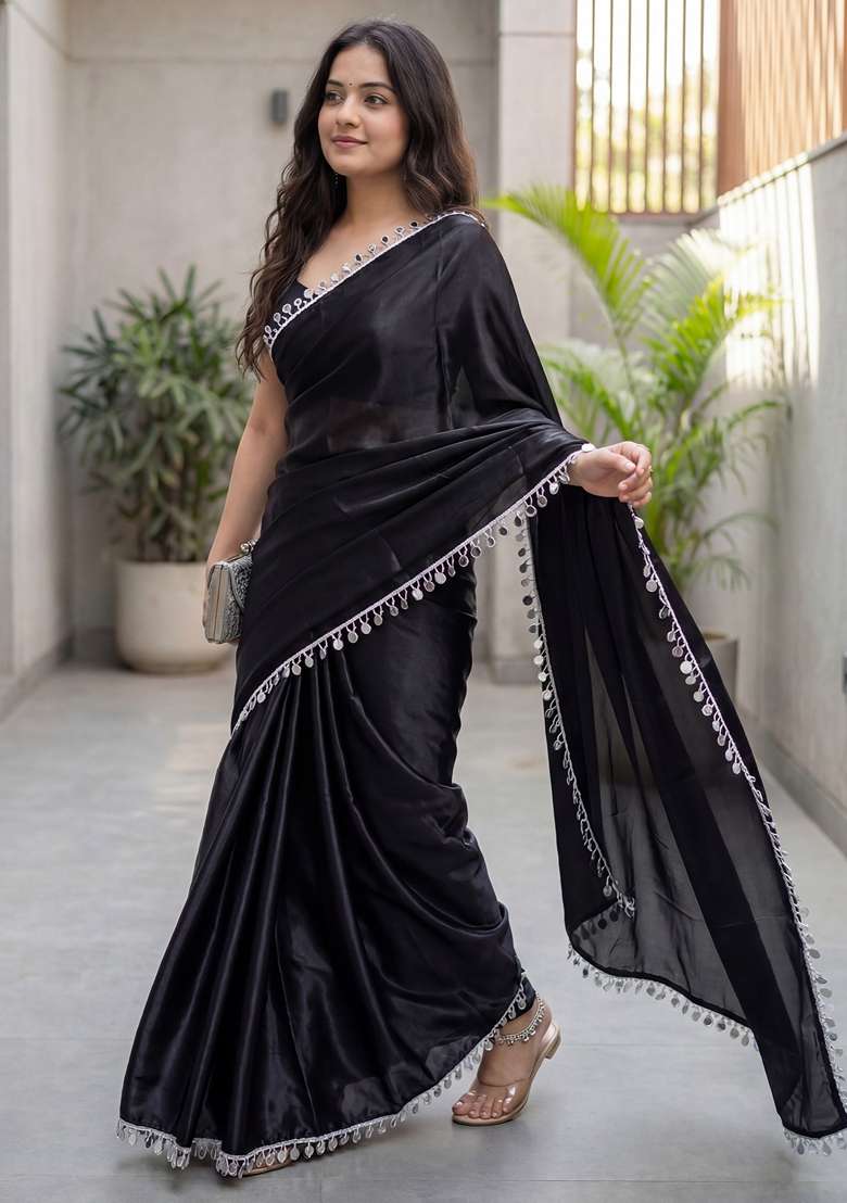 Black Solid Satin Saree Set for Diwali | Wedding & Festive Wear - Indya