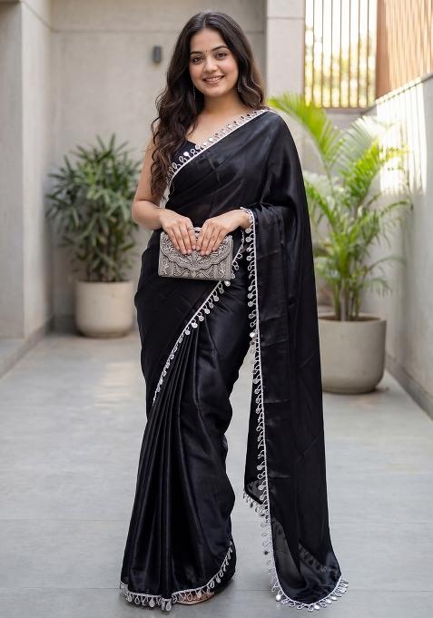 Black Solid Satin Saree Set
