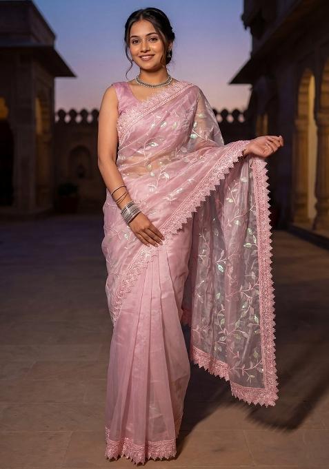 Pink Embellished Net Saree Set