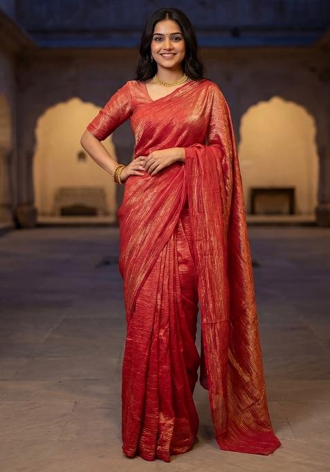 Orange Solid Tissue Saree Set — view on Indya