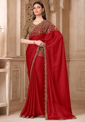 Burgundy Embellished Silk Blend Saree Set