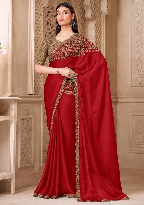 Burgundy Embellished Silk Saree Set — view on Indya