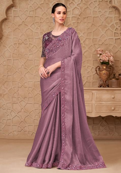 Mauve Embellished Georgette Saree Set