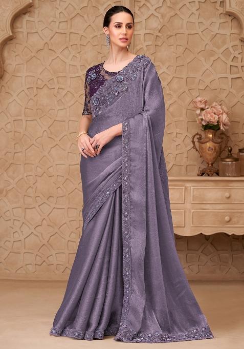 Lavender Embellished Georgette Saree Set — view on Indya