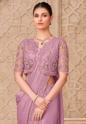 Lavender Embroidered Georgette Saree Set