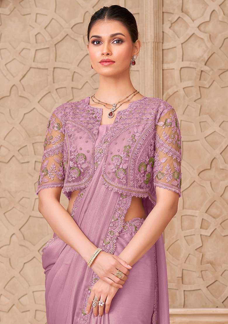 Lavender Embroidered Georgette Saree Set - Indya
