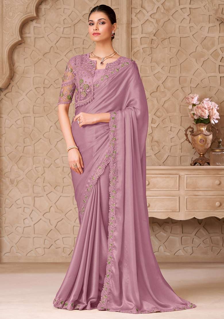 Lavender Embroidered Georgette Saree Set - Indya