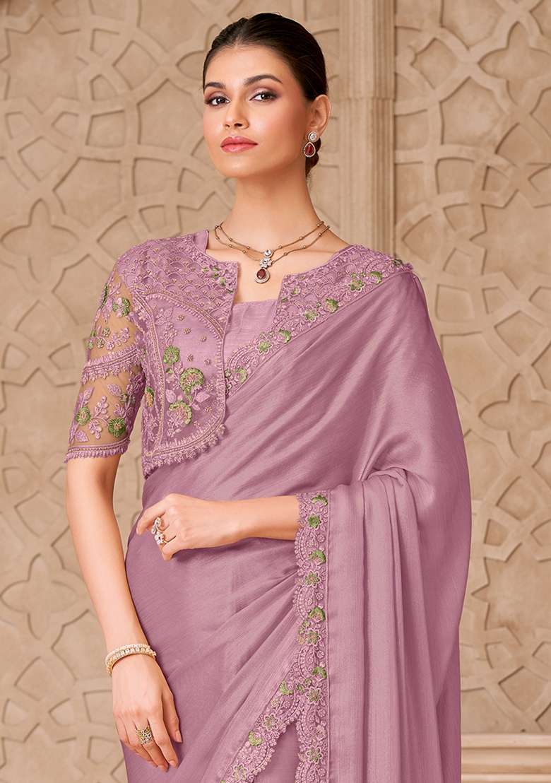 Lavender Embroidered Georgette Saree Set - Indya