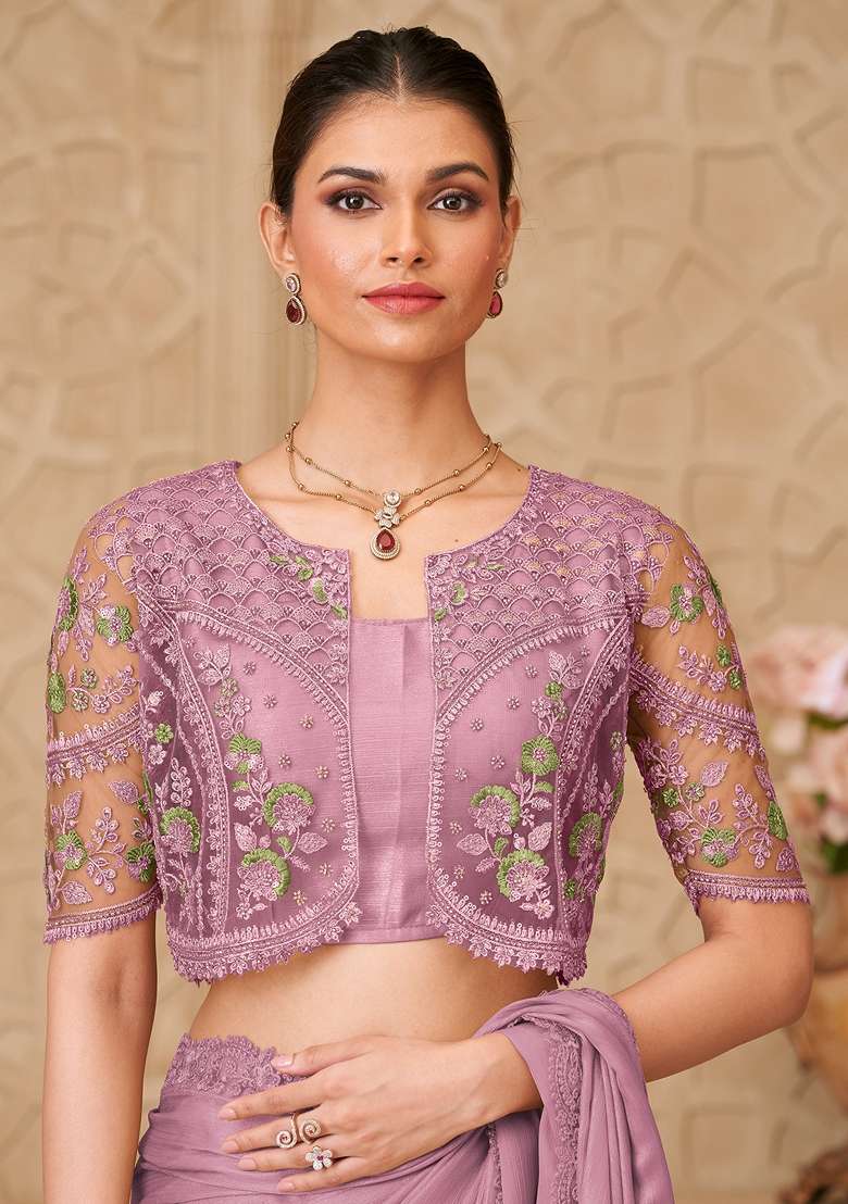 Lavender Embroidered Georgette Saree Set - Indya