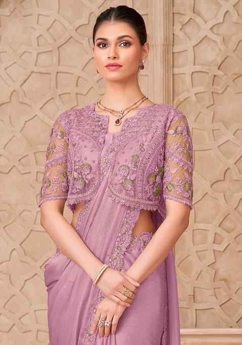 Lavender Embroidered Georgette Saree Set — view on Indya