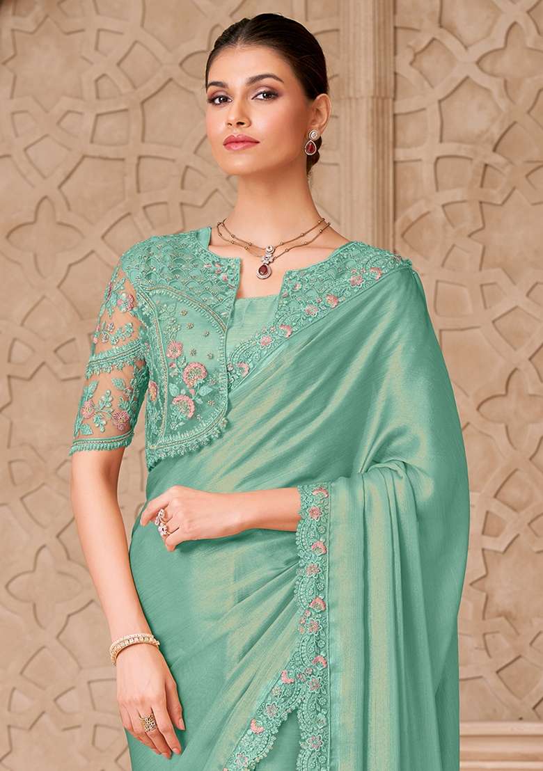 Turquoise Embroidered Georgette Saree Set - Indya