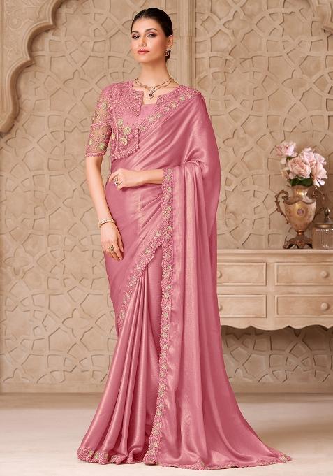 Pink Embroidered Georgette Saree Set