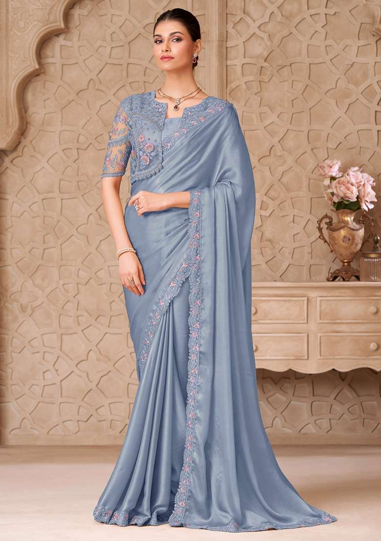 Light Blue Embroidered Georgette Saree Set - Indya