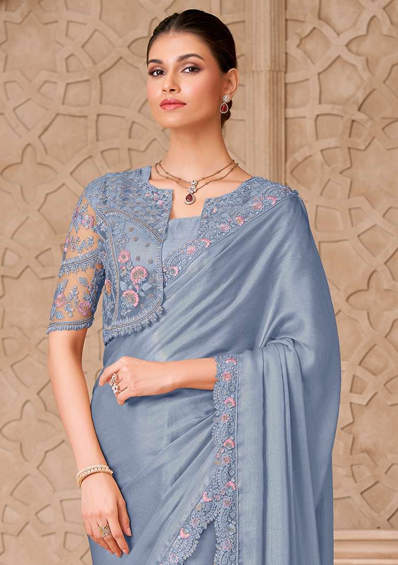 Light Blue Embroidered Georgette Saree Set - Indya