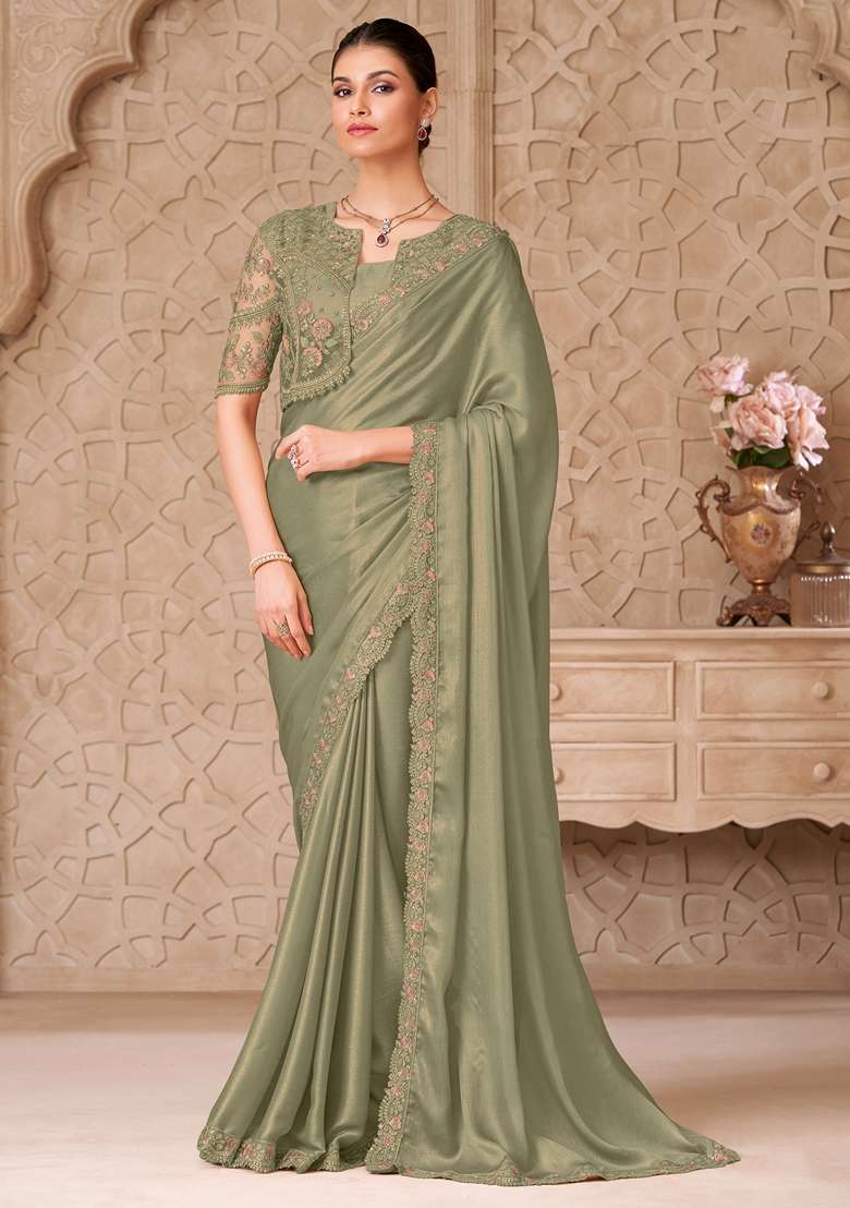 Light Green Embroidered Georgette Saree Set - Indya