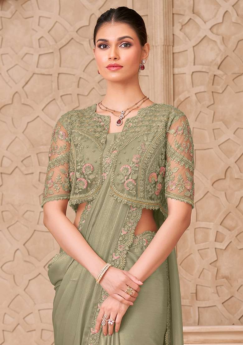 Light Green Embroidered Georgette Saree Set - Indya