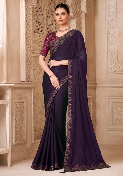 Wine Embellished Georgette Saree Set — view on Indya