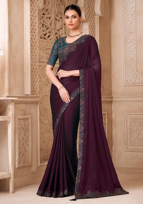 Wine Embellished Georgette Saree Set