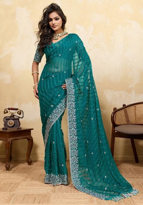 Teal Green Embellished Chiffon Saree Set