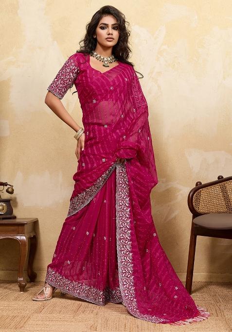 Pink Embellished Chiffon Saree Set — view on Indya