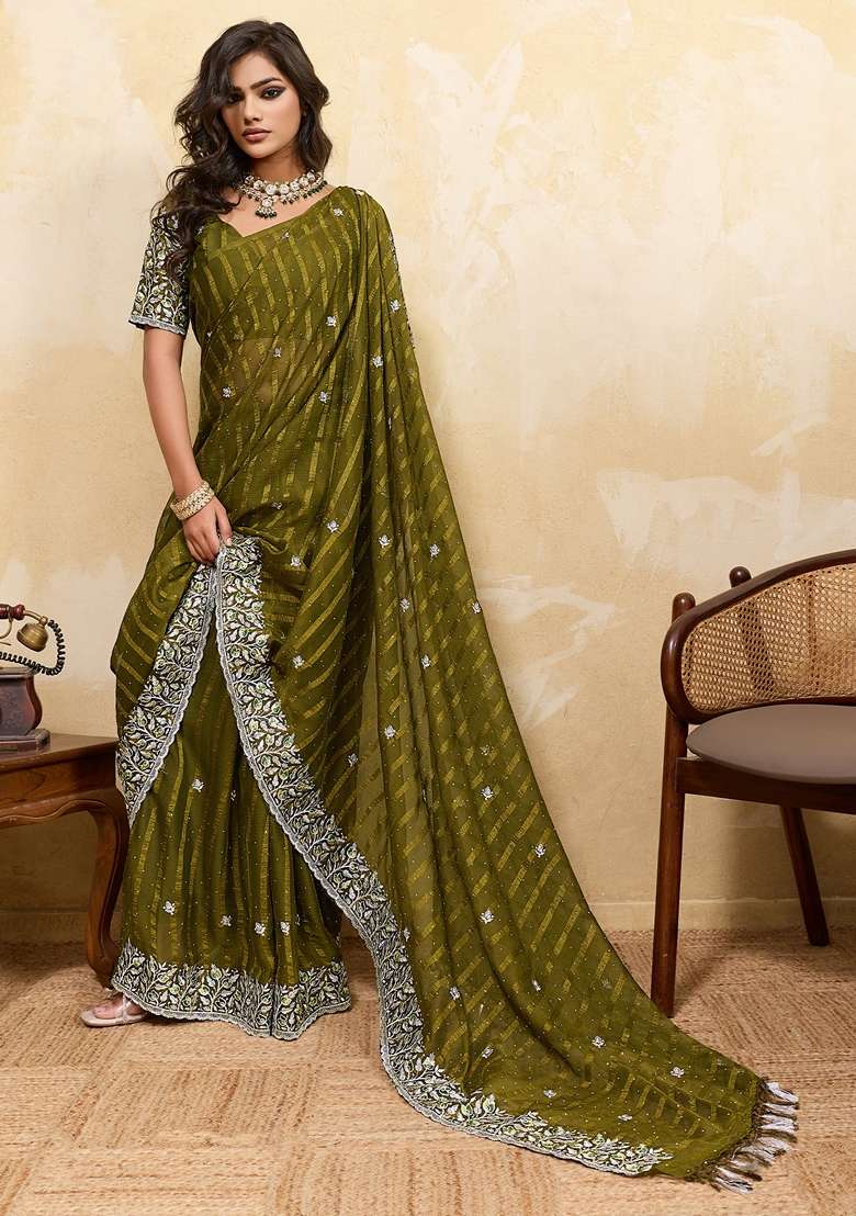Olive Embellished Chiffon Saree Set for Diwali and Festive Wear - Indya