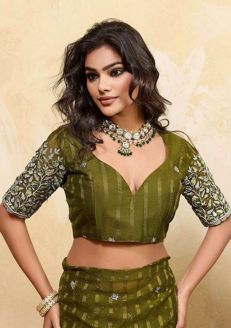 Olive Embellished Chiffon Saree Set for Diwali and Festive Wear - Indya