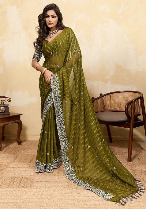 Olive Embellished Chiffon Saree Set
