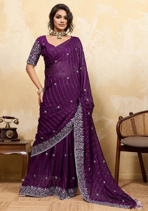 Wine Embellished Chiffon Saree Set — view on Indya