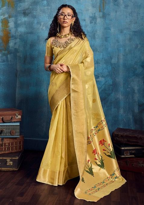Yellow Woven Design Tissue Saree Set — view on Indya