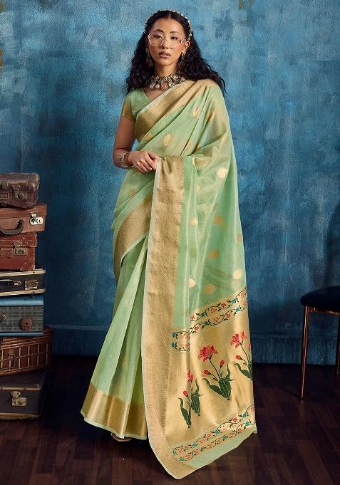 Mint Green Woven Design Tissue Saree Set — view on Indya