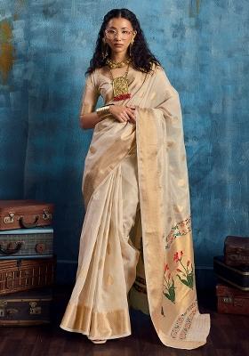 Off White Woven Design Tissue Saree Set